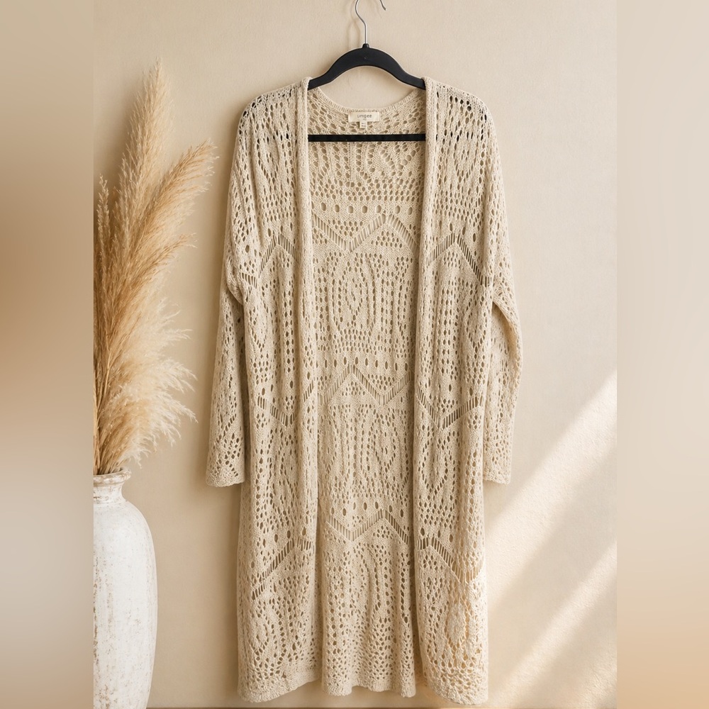 Umgee Boho Crochet Duster Cardigan M/L Festival Open Long Layering Sweater